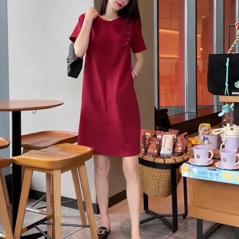 夏装女2025新款法式端庄大气连衣裙女宽松显瘦休闲气质红色a字裙