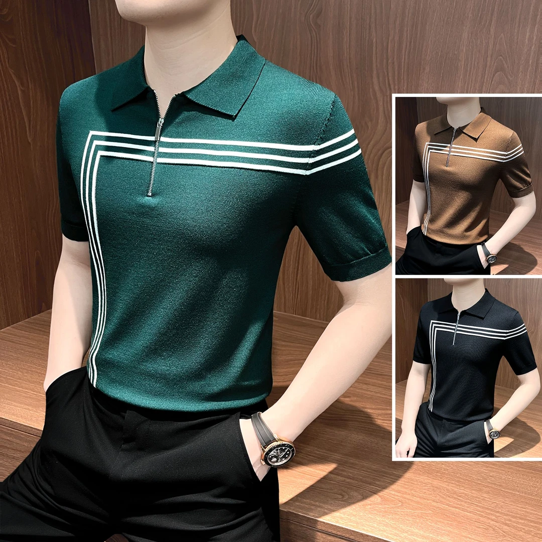 条纹拉链POLO衫短袖男款2025新款夏季款男装商务休闲男士短袖T恤