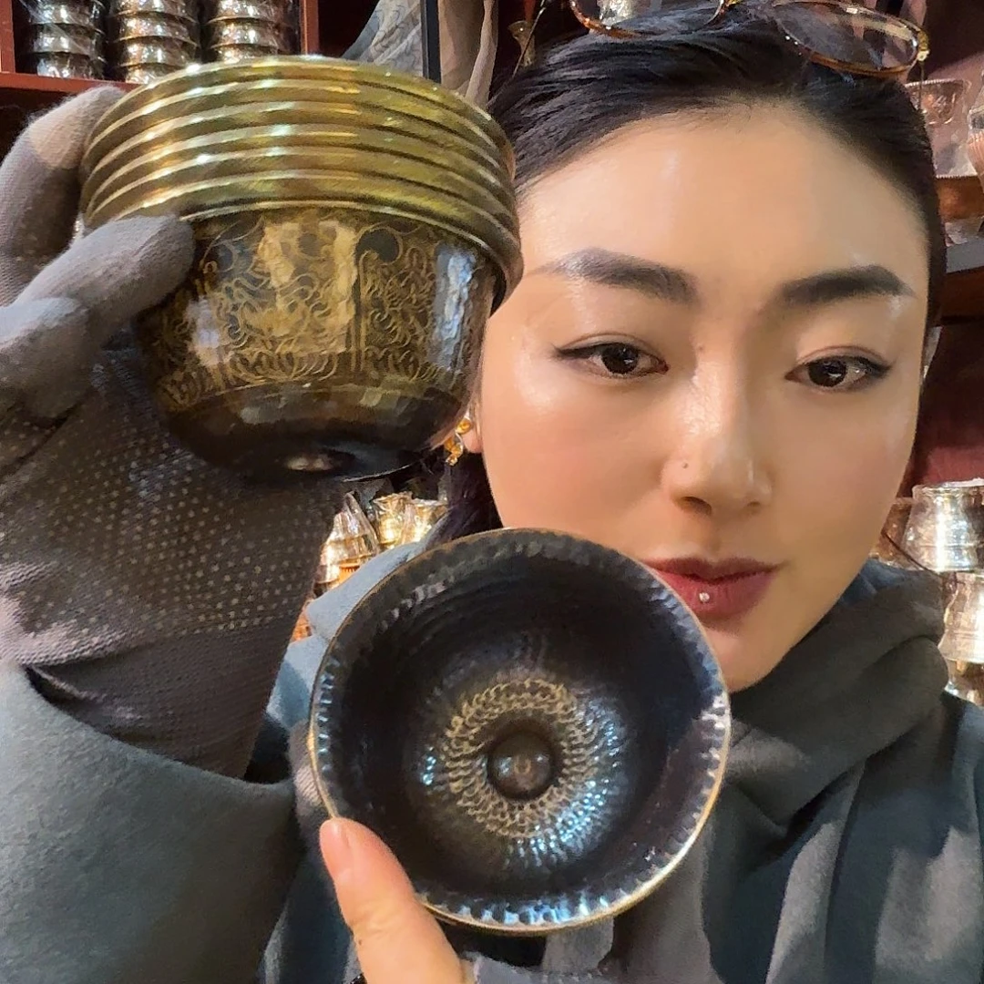 铜尼泊尔纯手工纯紫铜鎏金供水碗10公分一套7个