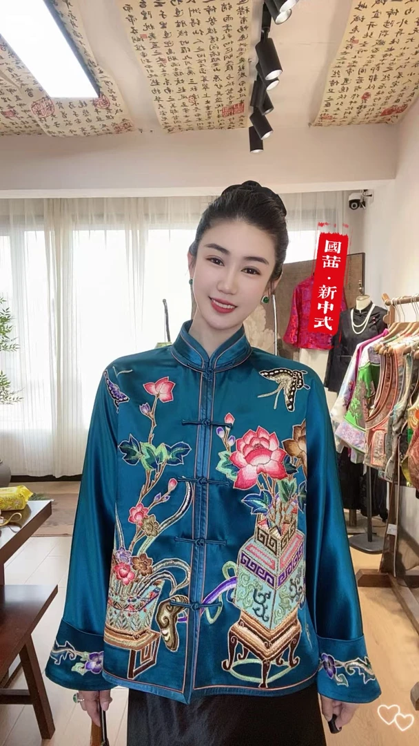 新中式短外套重工刺绣女时尚中国风民族风服装提花手绣湖蓝色外套