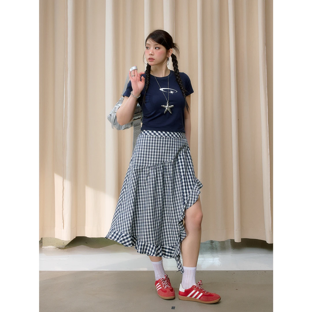 张大人【柏林布偶】大码女装微胖妹妹百搭T恤韩系不规则格纹半裙