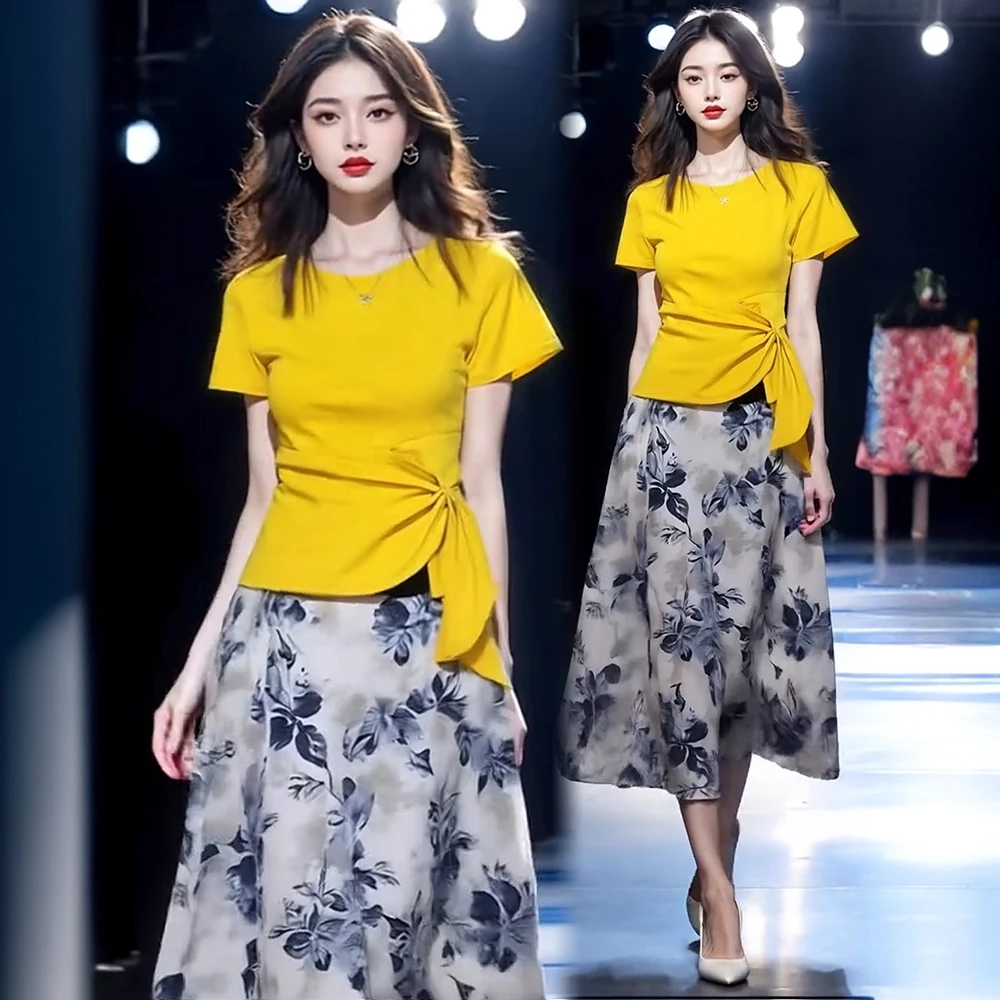 夏季2025新款设计感绑带短袖T恤女收腰显瘦气质时尚半身裙两件套