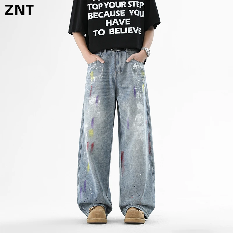 ZNT原创美式涂鸦油画牛仔裤男女设计感小众油漆潮牌直筒休闲裤