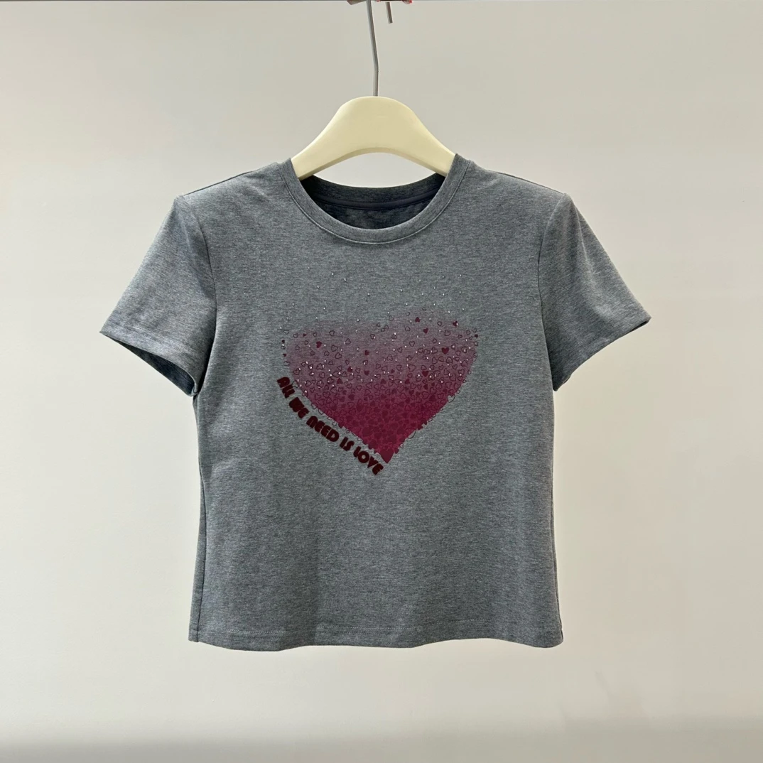 迪家爱心T恤2025青春活力精致百搭灰色短袖2638