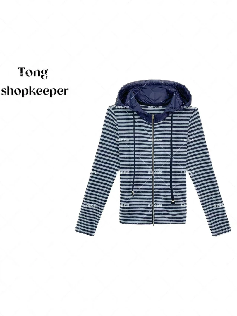 QJ/彤掌柜1682545 秋季25新款棉羊毛天丝气质条纹连帽时尚上衣