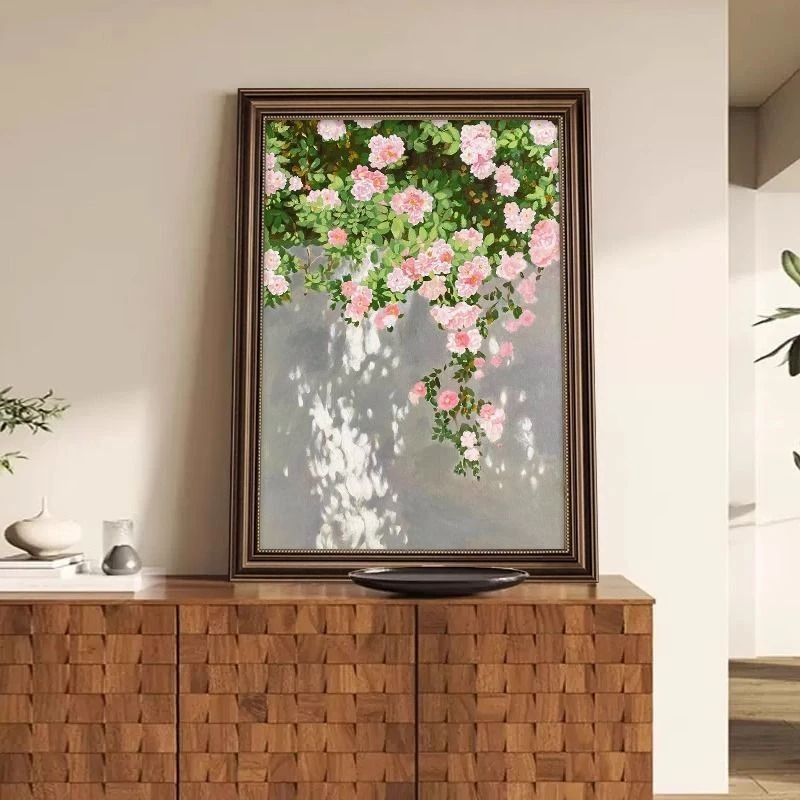蔷薇花美式玄关装饰画复古肌理画走廊过道挂画高档壁画