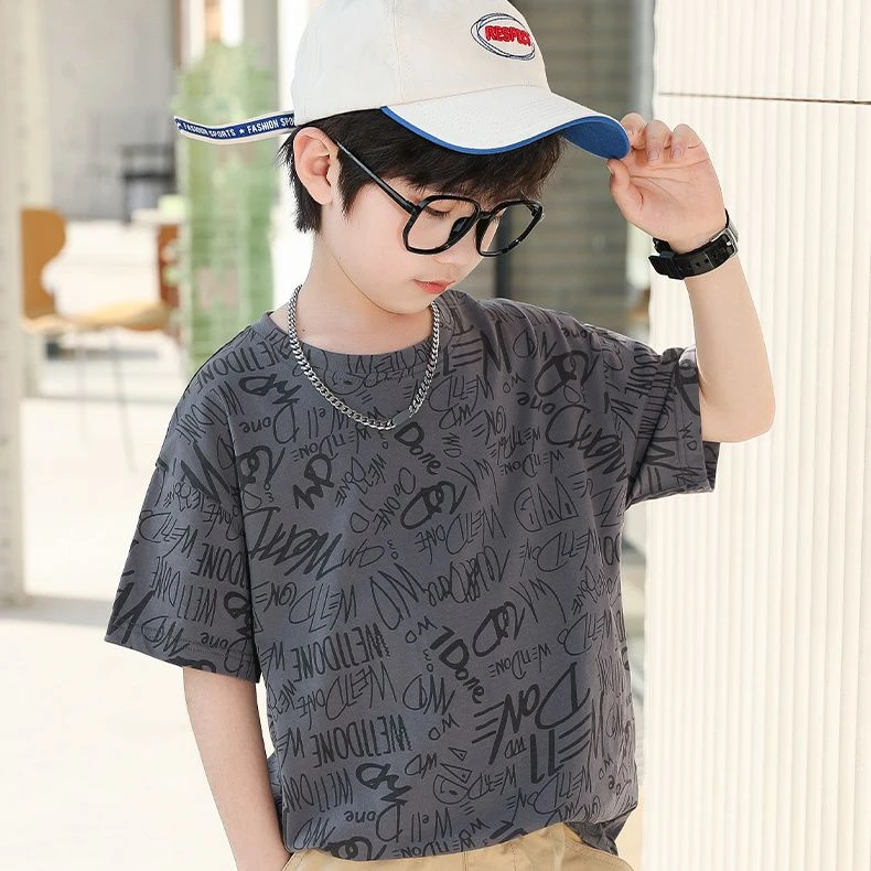 新款夏季儿童洋气短袖T恤男童趣味字母印花圆领休闲宽松棉质宝宝