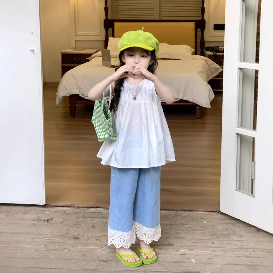 小思家女童衬衫背心2025夏季新款韩版甜美上衣百搭休闲直筒裤套装