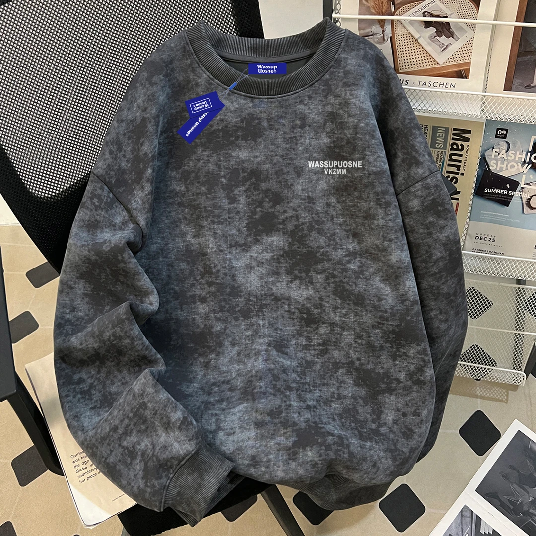WASSUP UOSNE街头重磅圆领卫衣男款冬季加绒宽松小众潮牌情侣长袖