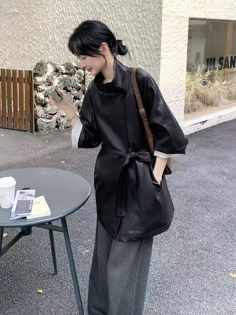 立领收腰系带pu皮衣女款2025秋季新款小个子今年流行韩系气质外套