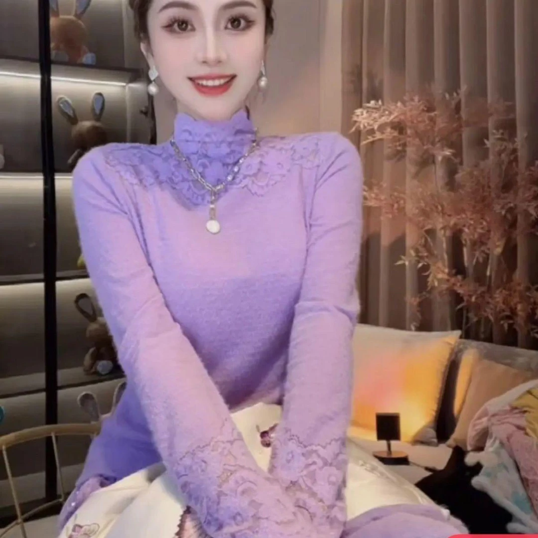 半高领紫色蕾丝拼接打底衫内搭女装秋冬韩系穿搭修身显瘦法式上衣