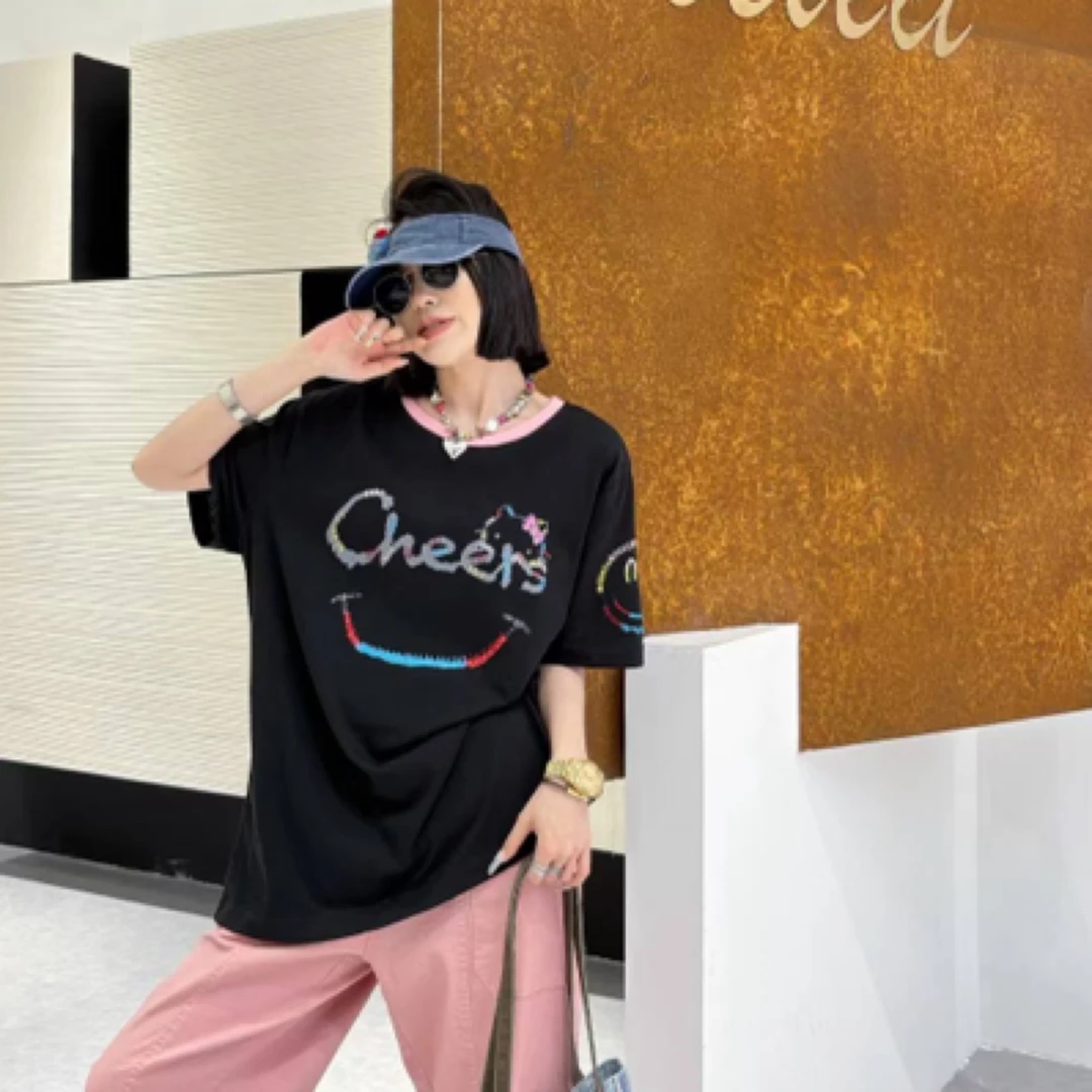 撞色领子黑白kitty宽松超薄休闲体恤