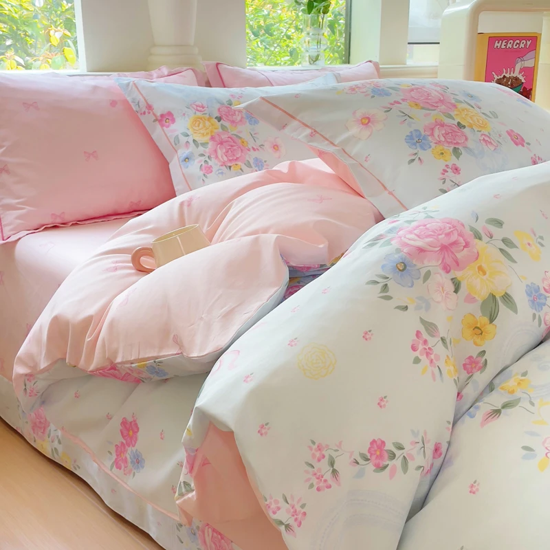 100%全棉斜纹四件套13070纯棉印花床单被套碎花小清新床上用品1.5