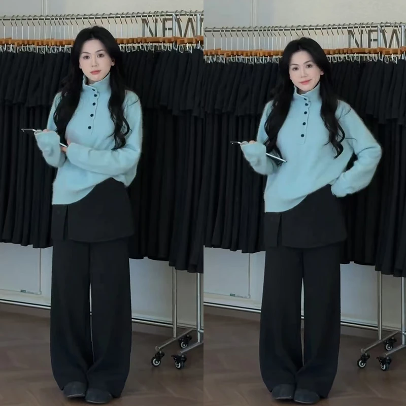 2026年早春新款韩系百搭高领长袖针织上衣高腰休闲裤两件套装