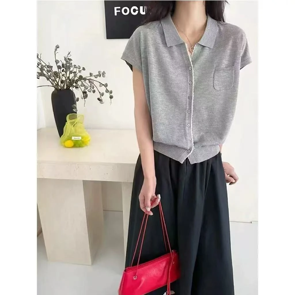 丽丽家~口袋灰短袖显瘦时尚休闲百搭翻领纯色开衫