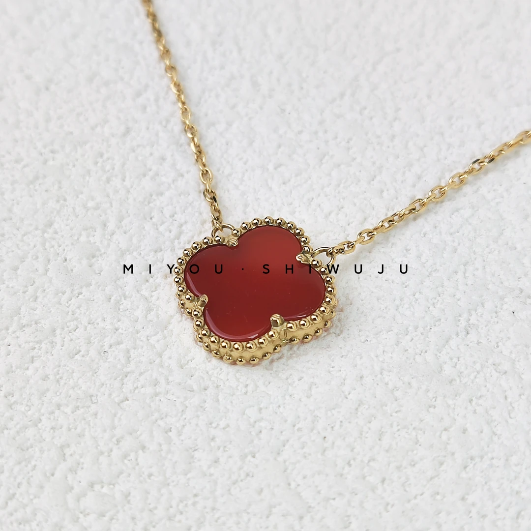 钛钢项链 红色瑙瑙四叶草项链双面不掉色轻奢