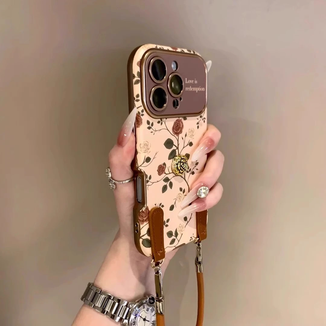 【进口小羊皮】适用苹果16promax手机壳立体山茶花彩绘iphone17pro
