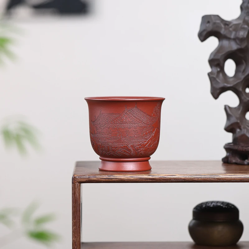 手工杯 | 九斋《滕王阁》主人杯 建筑细刻紫砂杯