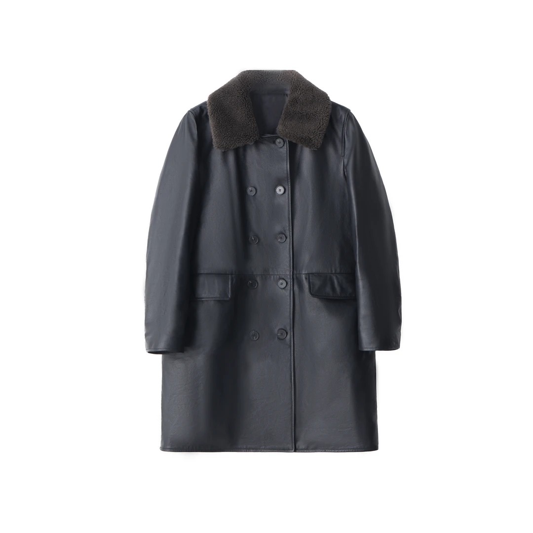 【6363】酷感时髦帅气羊毛领牛皮复古女装保暖外套