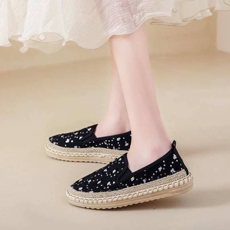 老北京布鞋女2025新款夏季软底一脚蹬女鞋休闲厚底国风亚麻渔夫鞋