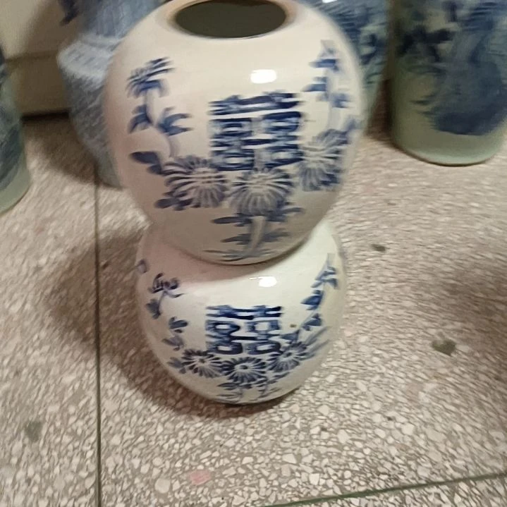王***川摆件双双双喜临门罐罐摆件青花陶瓷摆件青花