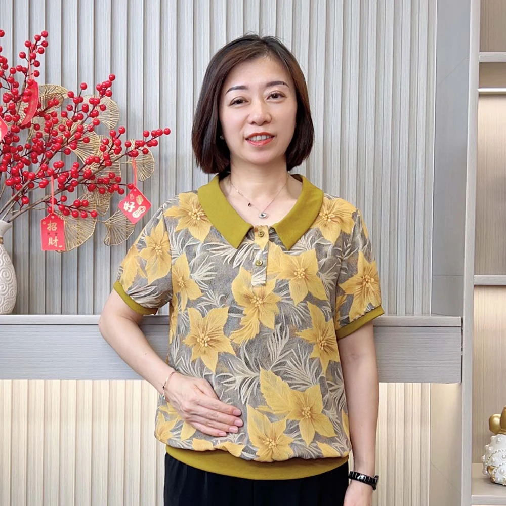 夏季新款时尚洋气宽松减龄显瘦气质印花翻领中老年妈妈装短袖上衣