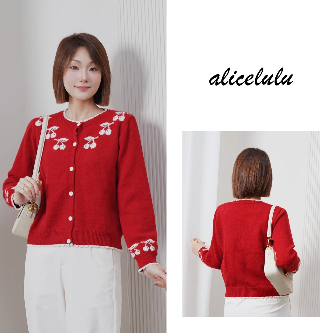 [alicelulu]甜美撞色蝴蝶结针织开衫百搭复古S1035410U