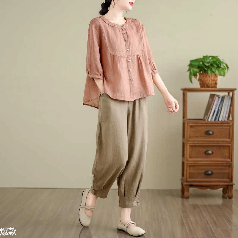 休闲棉麻套装女士2025年夏季中年妈妈宽松亚麻衬衫上衣遮肚两件套