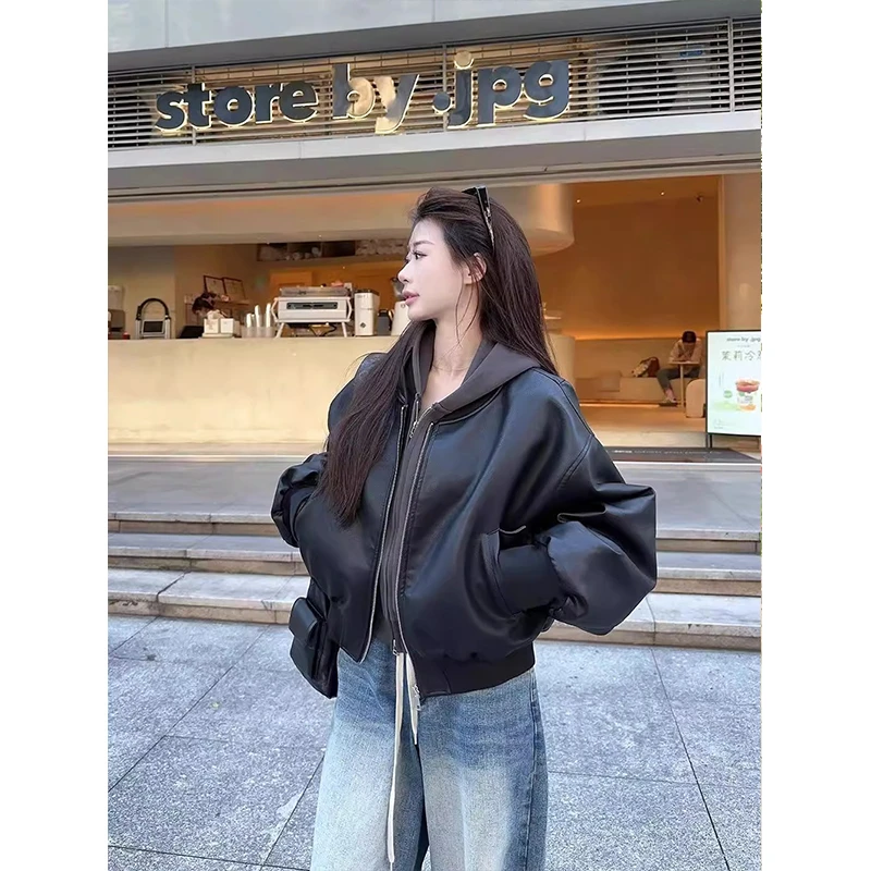 黑色高级感短款棒球皮衣外套女2025秋季新款复古宽松机车夹克上衣