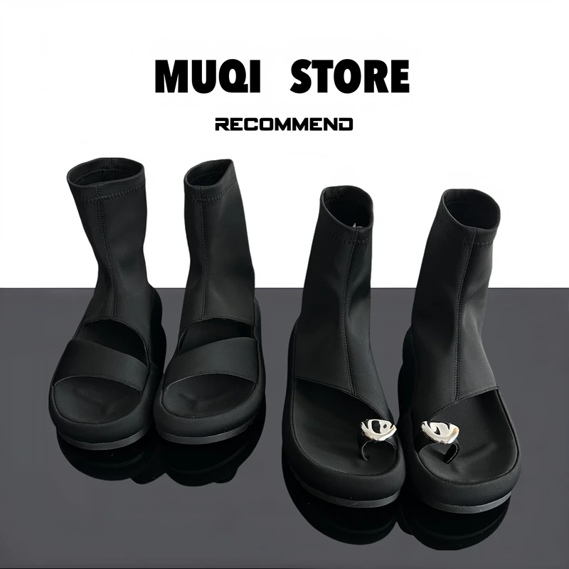 MUQI 设计款2025夏新款韩版时尚气质裸靴增高短筒凉靴夹趾凉鞋女