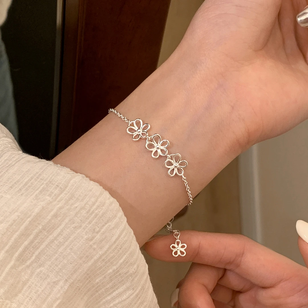 925银手链 925银镂空花朵手链小众设计感闺蜜气质清新女生ins饰品