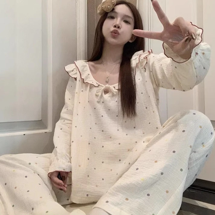 甜美波点春秋睡衣女双层棉纱秋季套装2025新款棉布料家居服两件套