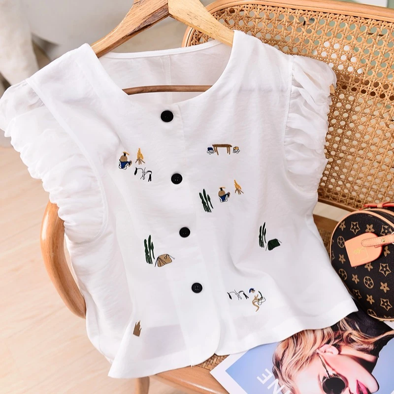 【原版正版】【重工刺绣】！！圆领小飞袖衬衫女夏季新款减龄显瘦上衣潮