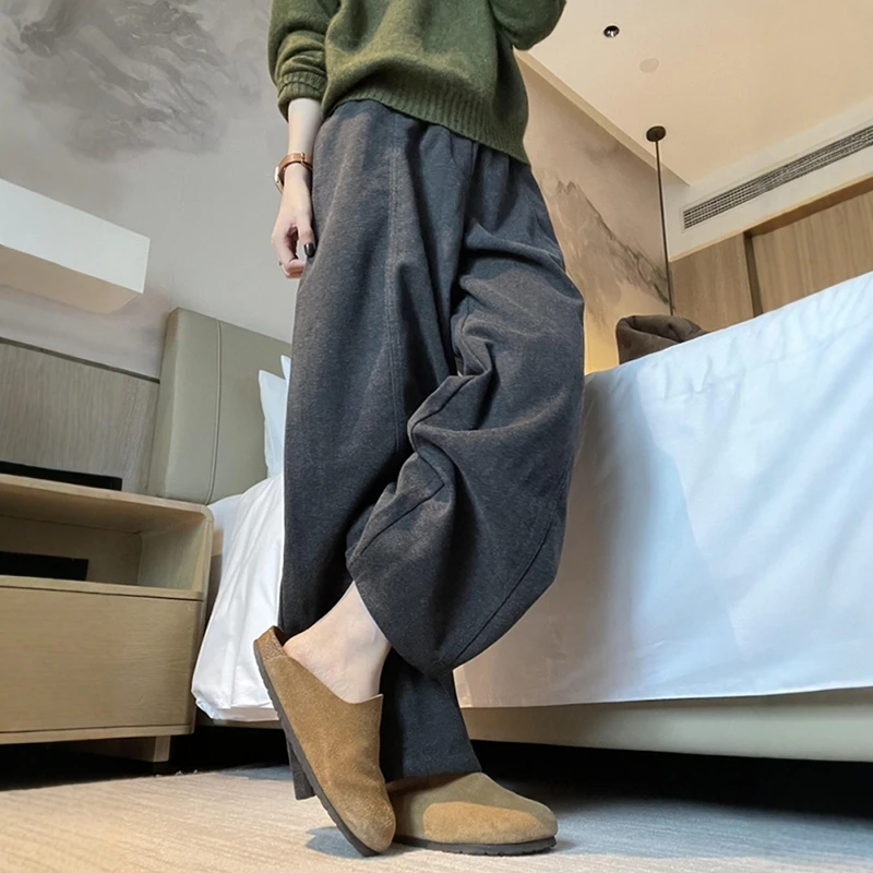 灰色毛呢阔腿裤女秋冬加厚梨形宽松显瘦休闲直筒运动卫裤加绒裤子