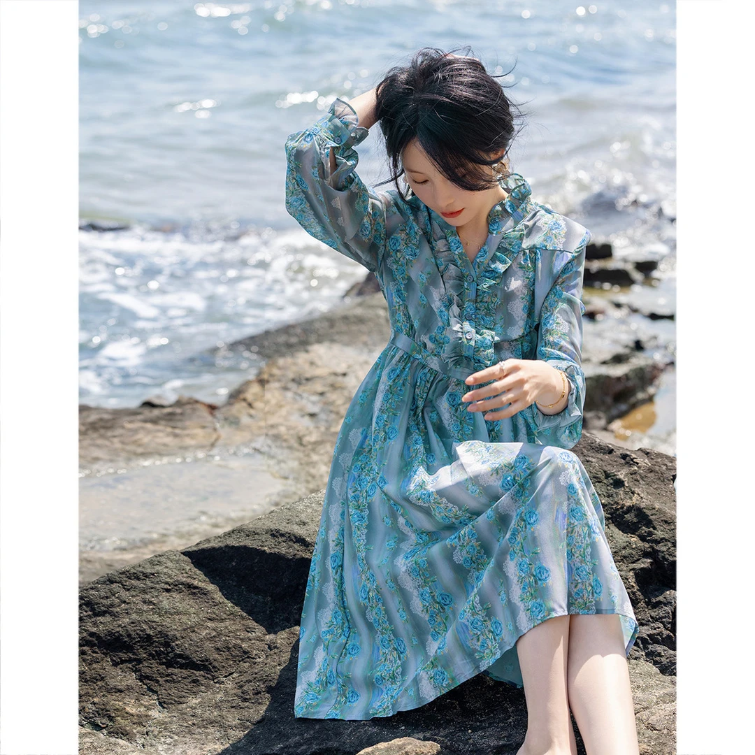 【小云总专属】德·玛纳花瑶绉新款立领收腰木耳边连衣裙女法式复古