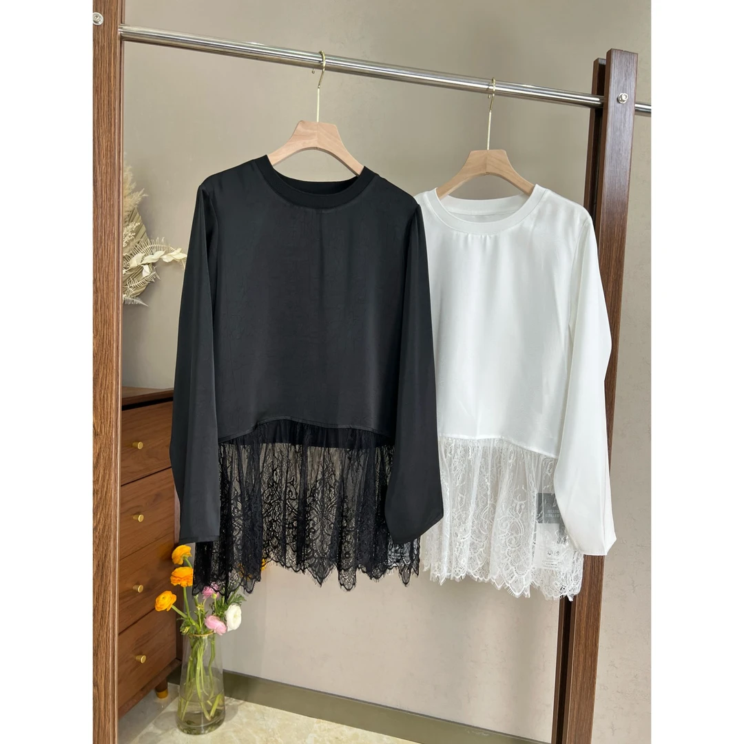 蔡蔡呀【邂逅美人】醋酸蕾丝长袖T恤女宽松显瘦百搭打底衫上衣58288