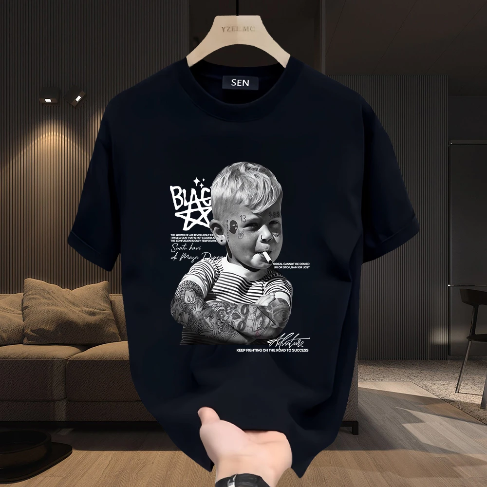 2025新款潮牌男士纯棉白T恤圆领上衣印花时尚宽松短袖打底衫夏季