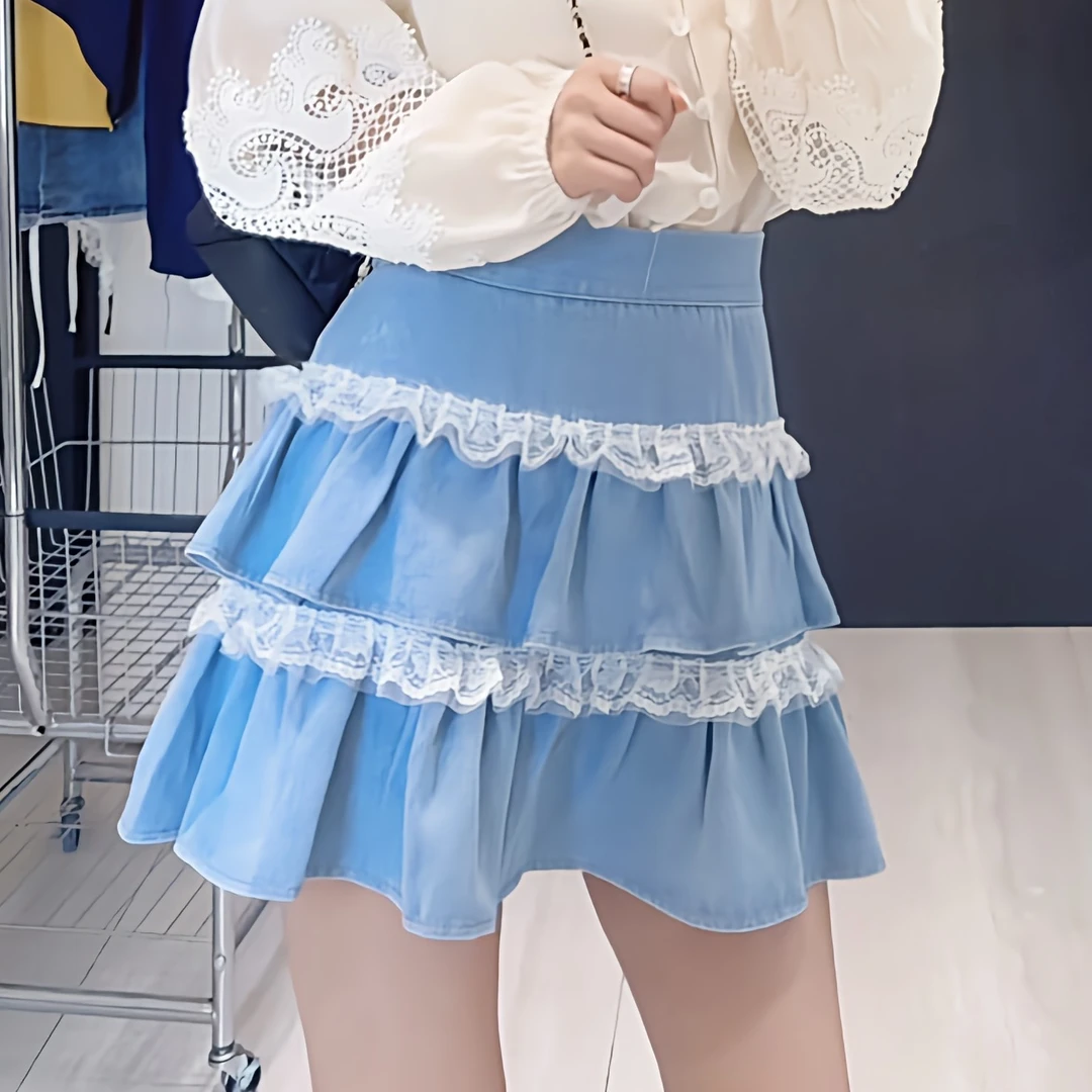 《叠叠沫》2025蓉蓉家春季新款拼色蕾丝压褶A字半身裙荷叶边