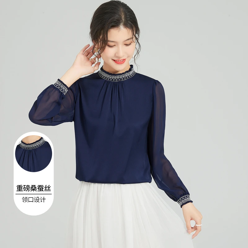 金菊【弹力双乔重磅桑蚕丝】新款立领纯色长袖上衣休闲百搭女式T恤