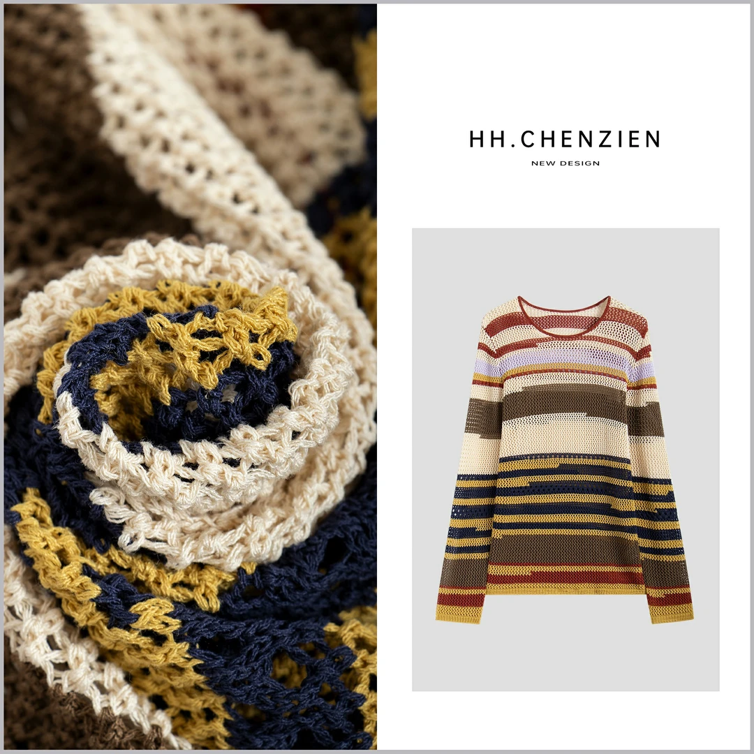 【黑黑家】春夏女款彩绘拼色设计镂空显瘦时尚针织上衣