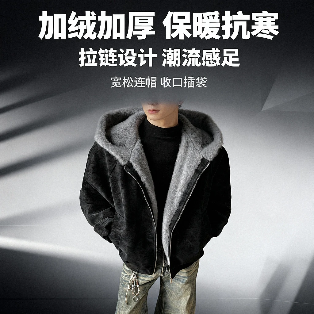 荔枝纹皮1500G连帽座山雕PU皮外套男女冬季加绒加厚皮衣毛领棉衣