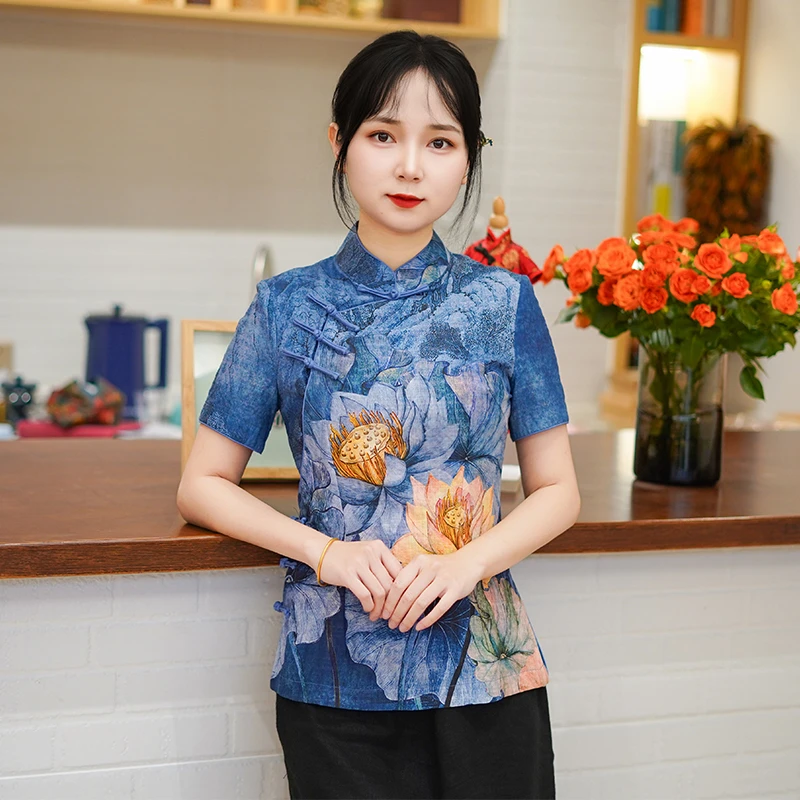 筠雅夏季新款唐装上衣女中式改良复古女士修身透气斜襟短袖25J167