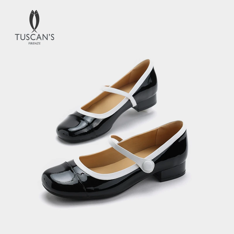 TUSCAN'S新品时髦漆皮拼色真皮粗跟玛丽珍单鞋时代双鱼女鞋