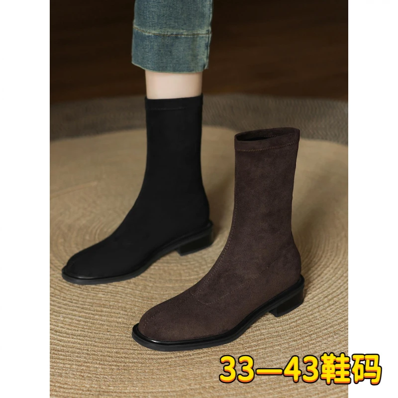 秋冬靴子法式绒面弹力瘦瘦靴袜靴套筒大码女靴41低跟43平底短靴女