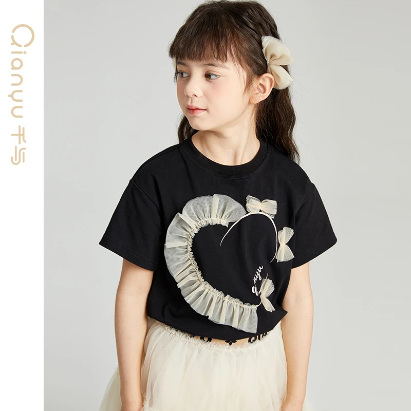 笛莎旗下千与童装女童短袖25夏季新款儿童甜美爱心网纱恤