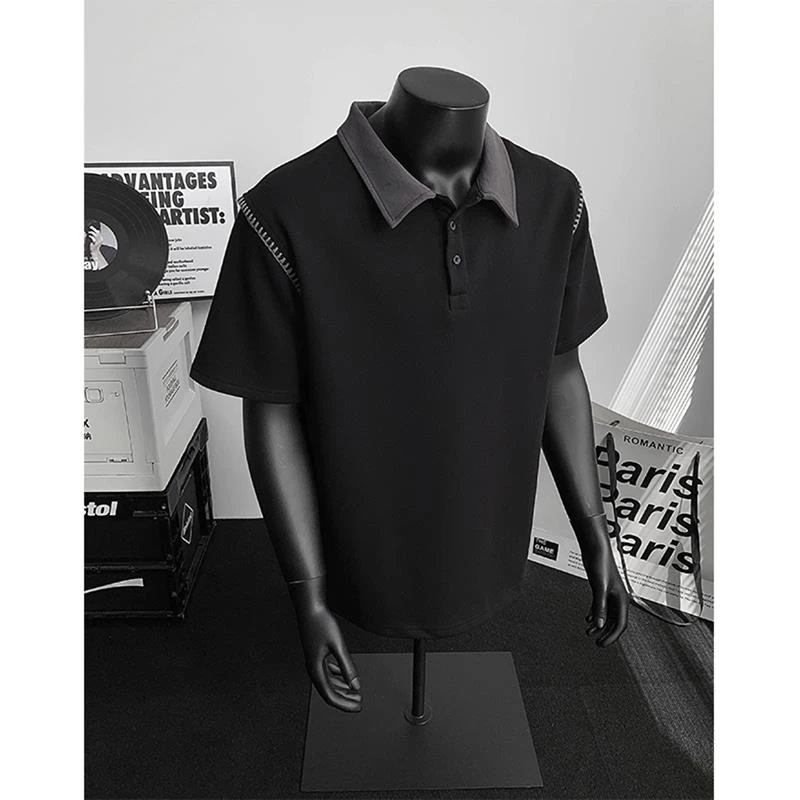 黑色boxy正肩短袖polo衫男夏季翻领撞色t恤潮牌高级感设计款半袖