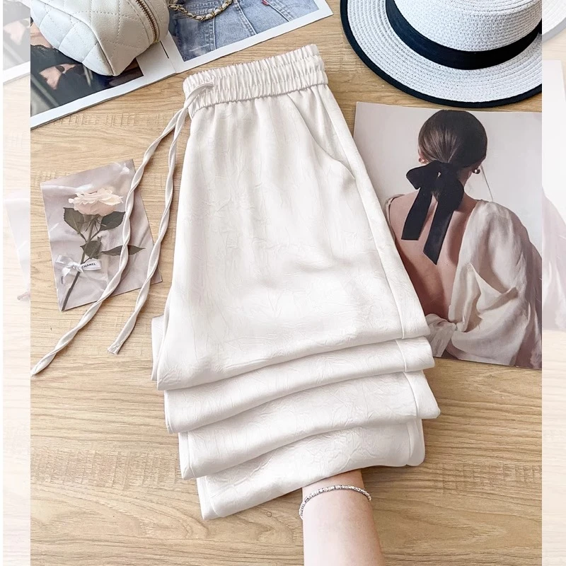 夏季醋酸冰丝阔腿裤女2025新款缎面提花垂感松紧显瘦高级直筒裤潮