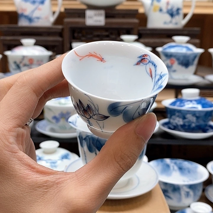 手绘内外绘荷花杯子60cc盖碗釉下彩微瑕福利款