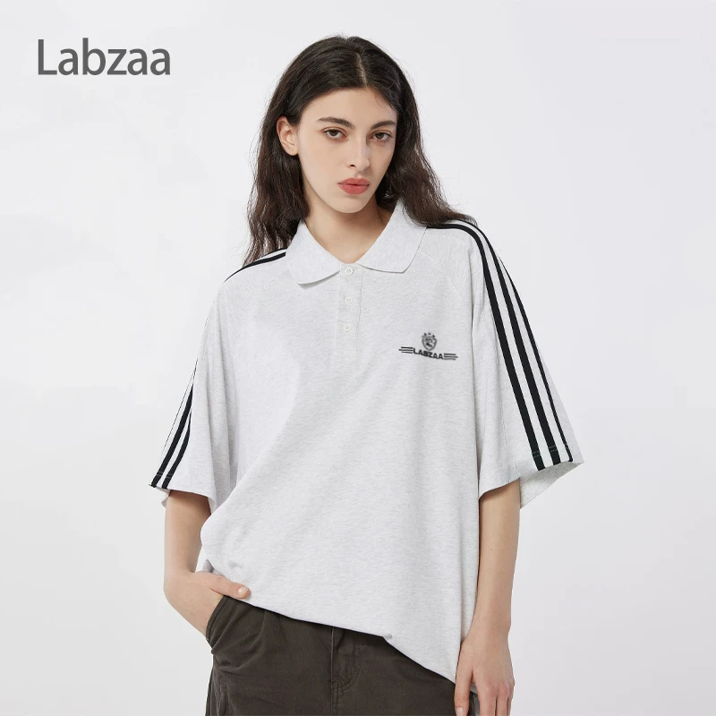 labzaa美式简约字母印花三条杠polo衫短袖t恤男女宽松半袖上衣夏