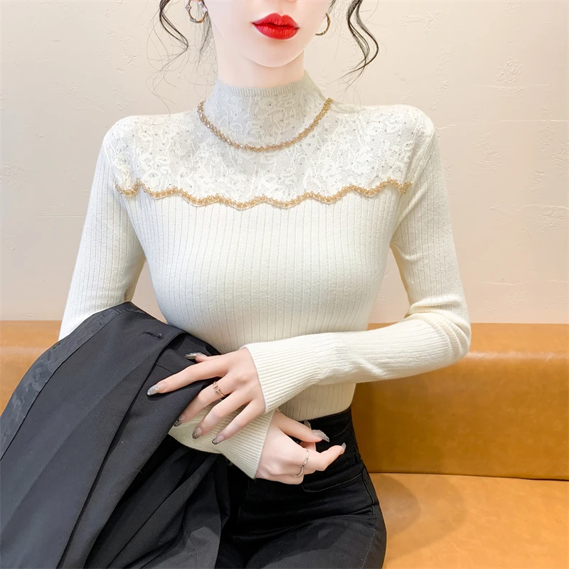 2025秋冬新款钉珠烫钻针织毛衣女时尚洋气长袖修身针织衫显瘦上衣
